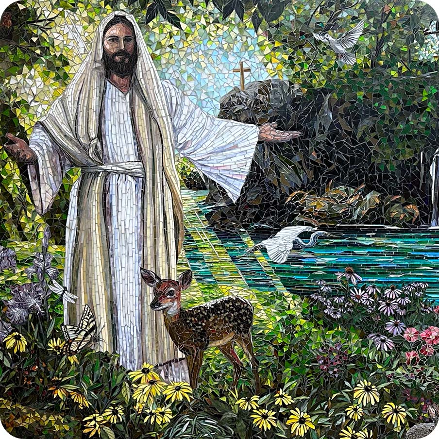 Mosaic of Christ with open arms in a garden